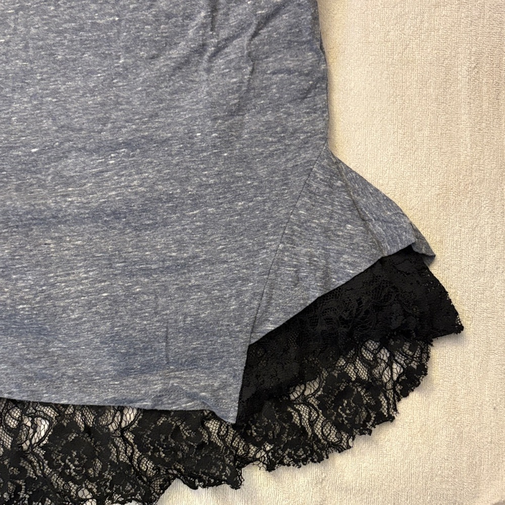 Free People Blue Tee with Black Lace Trim - Picture 2 of 6